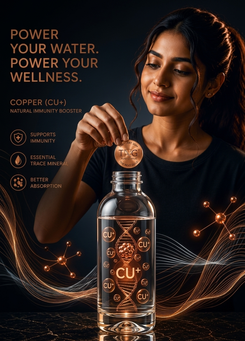 Woman dropping The Next Gold copper coin into a glass bottle — copper essential trace minerals for daily wellness